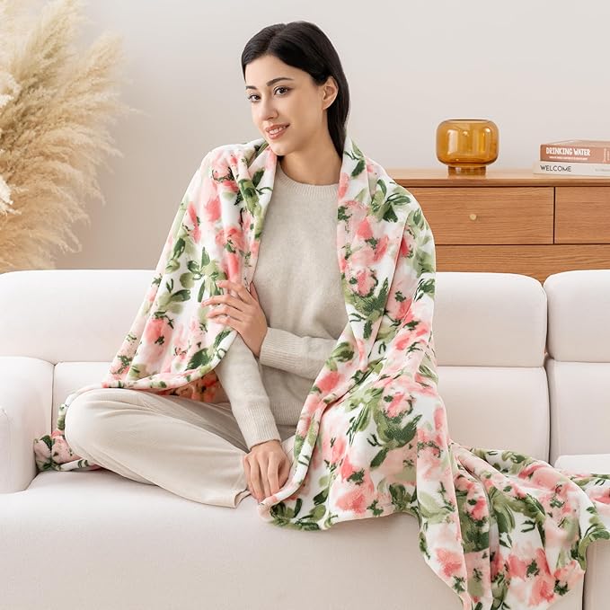 Luxury Printed Fleece Warm Throw Blanket, Soft Lightweight Velvety Plush Throw for Couch and Bed, Cozy Comfy for All Seasons(Ivory Pink Flowers, 50×70 Inches)