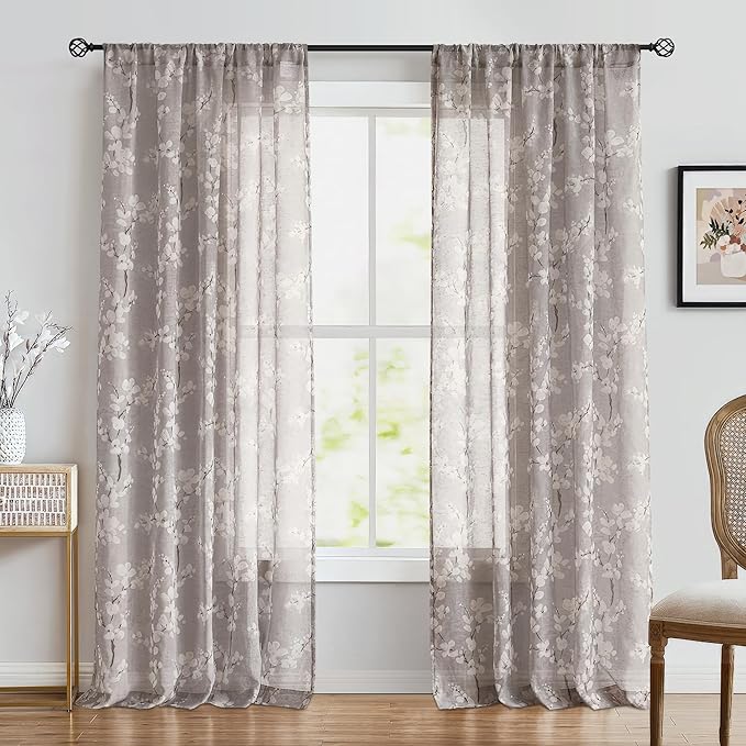 Fmfunctex Linen Sheer Curtains for Bedroom, Tan White Blossom Print Curtains 96 Inches Long for Living Room, Taupe Floral Patterned Farmhouse Curtain Light Filtering Window Drapes 2 Panels, Rod Pocket