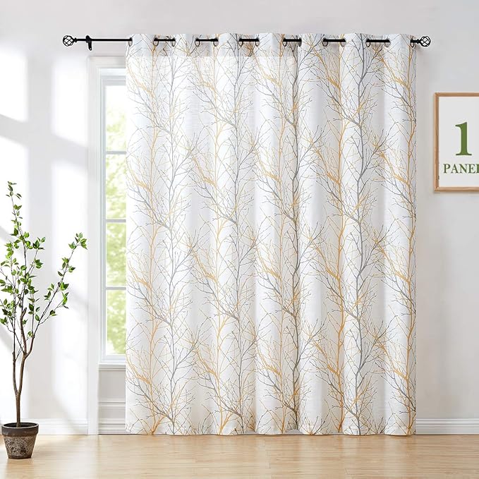 FMFUNCTEX Tree Yellow White Sliding Door Curtain for Living Room 100 x 84 Inches Long Branch Print Linen Texture Semi Sheer Curtain Farmhouse Rustic Window Drapery 1 Panel Grommet Top