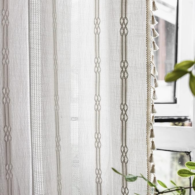Sutuo Home White Boho Curtains 63 Inches Long for Kitchen Nursery, Light Filtering Shabby Chic Tassels Farmhouse Ivory Window Treatment Hollow Stripes Bohemian Embroidery Drape 1 Panel 52" W x 63" L