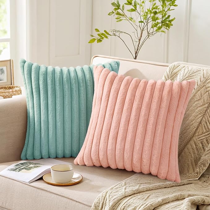 Pallene Faux Fur Plush Throw Pillow Covers 24x24 Set of 2, Luxury Soft Fluffy Striped Decorative Pillow Covers for Sofa, Couch, Living Room, Aqua