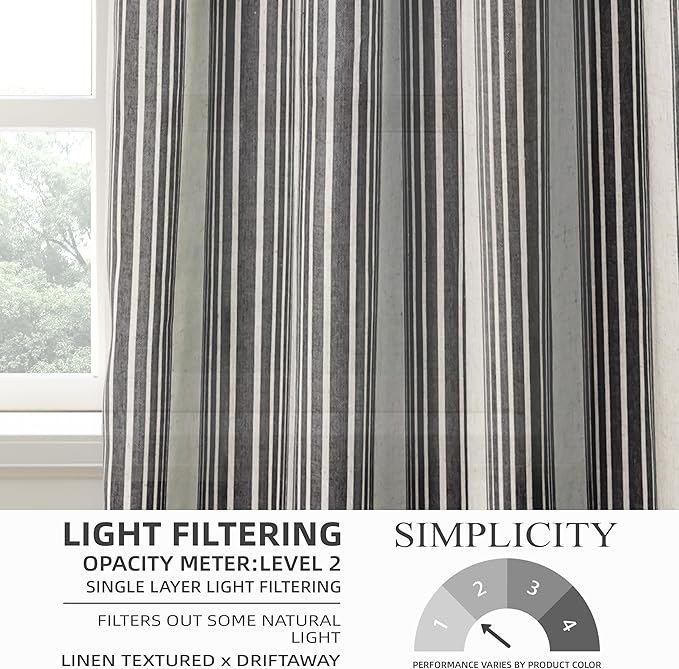 DriftAway Farmhouse Vertical Striped Linen Blend Textured Light Filtering Semi Sheer Curtains for Living Room Bedroom 96 Inches Long Drapes 2 Panels Broad Striped Black
