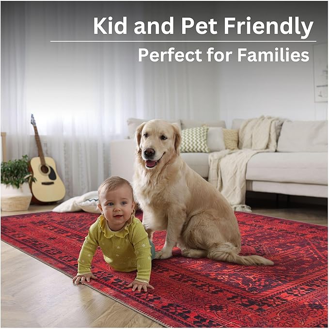 Bloom Rugs Washable Non-Slip 4' x 6' Rug - Red Traditional Bordered Area Rug for Living Room, Bedroom, Dining Room, and Kitchen - Exact Size: 4' x 6'