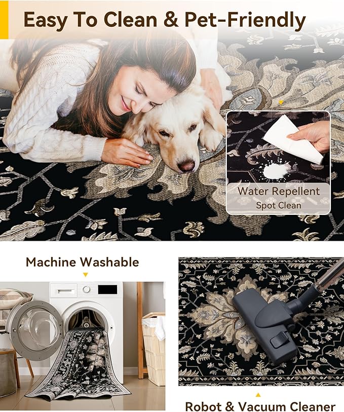 Area Rugs 2'6''x14' Washable Non-Slip, Floral Vintage Distress Print Pattern Medallion Carpet for Living Room Bedroom Dining Room, Black Brown Neutral Dark Tan