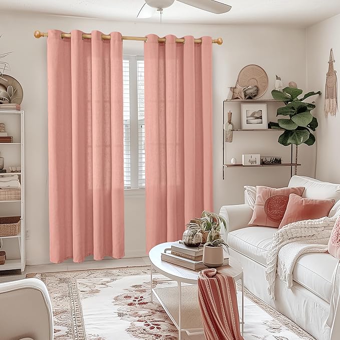 YoungsTex Dusty Rose Pink Linen Curtains for Living Room 84 Inch Length 2 Panels, Blush Peach Semi Sheer Drapes with Grommet Light Filtering Window Treatments for Bedroom, 52 X 84 Inch