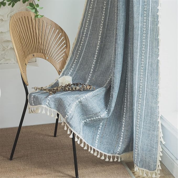 Sutuo Home Blue Boho Curtains Living Room, Semi-Blackout French Country Linen Drape for Bedroom, 1 Panel Embroidered Farmhouse Window Treatment for Dining Room Nursery Kitchen, 52" W x 72" L