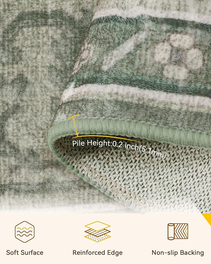 Area Rugs 10'x14' Washable Non-Slip, Floral Vintage Distress Print Pattern Medallion Carpet for Living Room Bedroom Dining Room, Dark Green Gray