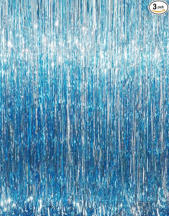 GOER 3.2 ft x 8.2 ft Metallic Tinsel Foil Fringe Curtains Party Photo Backdrop Party Streamers for Birthday,Graduation,New Year Eve Decorations Wedding Decor (Light Blue,3 pcs)
