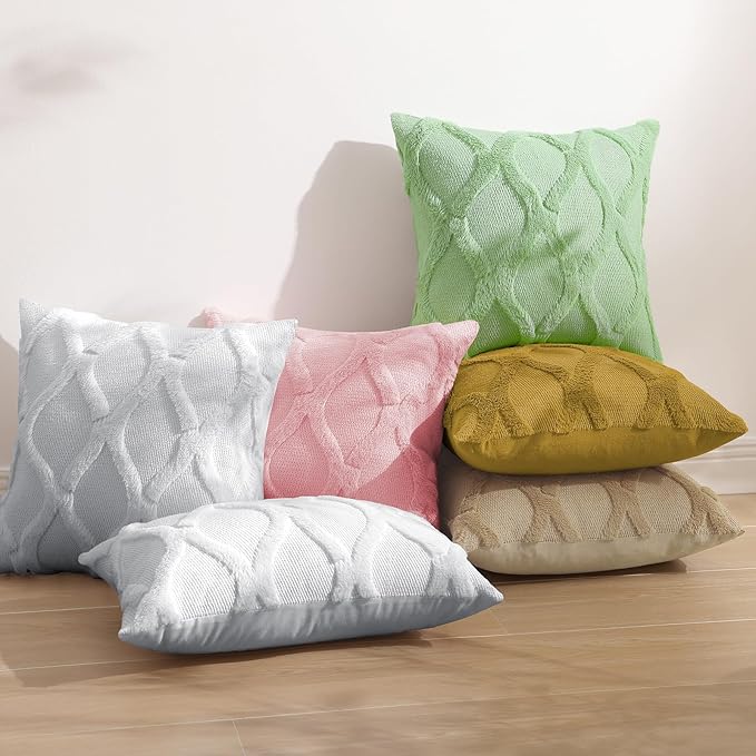 decorUhome Spring Throw Pillow Covers 16x16 Inch Set of 2, Soft Plush Faux Fur Wool Khaki Couch Pillow Covers, Decorative Neutral Pillow Cases for Bed Sofa Living Room Home Decor