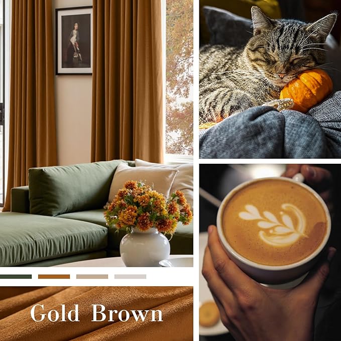 Lazzzy Gold Brown Blackout Velvet Curtains 96 Inches Long Thermal Insulated Room Darkening Curtain Drapes Luxury Back Tab Window Treatments for Bedroom Living Room 2 Panels, 52 x 96 Inch, Golden Brown
