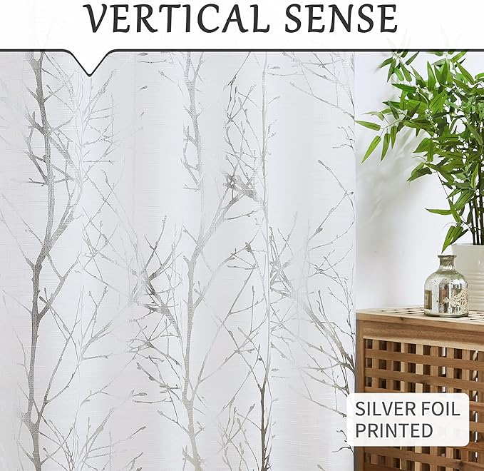 FMFUNCTEX Linen Semi Sheer Curtains for Living Room & Bedroom, Silver Metallic Print White Tree Panel, Light Filtering, 54 Inch Grommet Top 2 Panels