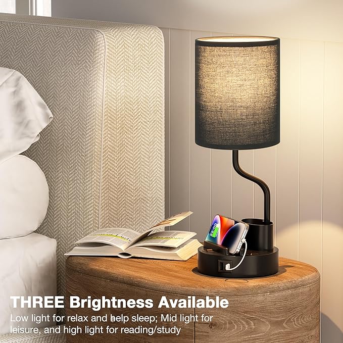 Black Bedside Table Lamps for Bedroom Set of 2 - Nightstand Light with AC Outlet and USB A & C for Charging, 3 Color Temperatures Desk Lamp with Pen Holder & Phone Stand for Living Room/Dorm/Office