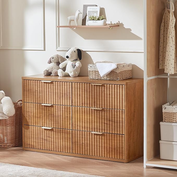 LEYAOYAO 48" Wide Fluted Dresser and 3 Drawers 23" Nightstand Set of 2, Wooden Dresser & Night Stand with Charging Station, 3 Piece Bedroom Furniture Set, Wood Chest of Drawer for Living Room,Brown