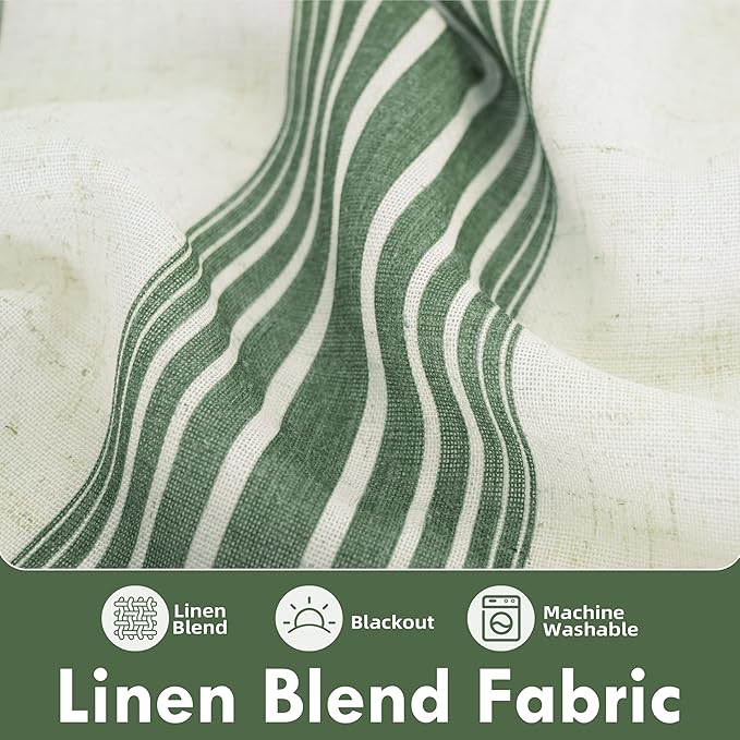 DriftAway Farmhouse Vertical Striped Linen Blend Textured Light Filtering Semi Sheer Curtains for Living Room Bedroom 96 Inches Long Drapes 2 Panels Broad Striped Loden Green