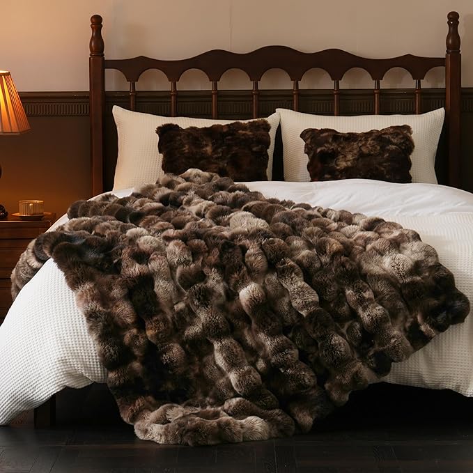 BENVWE Fluffy Faux Fur Throw Blanket for Couch, Soft Plush Thick Cozy Fuzzy Luxury Minky Bubble Blanket for Home Living Room Decor Gift for Women, Tie-dye Coffee, 50" x 60", 1100GSM