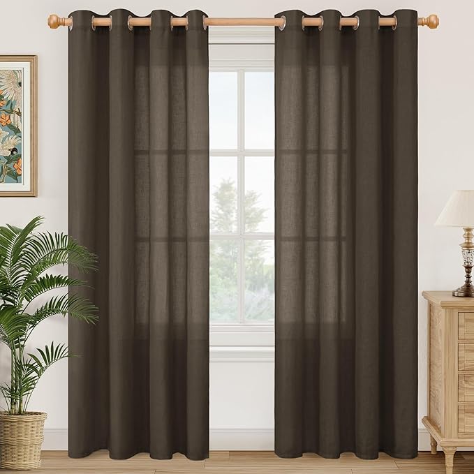 YoungsTex Brown Linen Semi Sheer Curtains 80 Inches Long for Living Room, Chocolate Light Filtering Drapes with Grommet Privacy Decorative for Bedroom, 2 Panels, 52 X 80 Inch