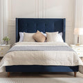King Size Upholstered Bed Frame, 54" Tall Headboard Platform Bedframes with Nail Head Decorative Wingback, Hand Buttoned Tufting Headboard Beds/No Box Spring Needed/Minimalism, Blue Velvet