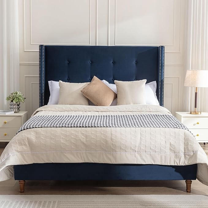 King Size Upholstered Bed Frame, 54" Tall Headboard Platform Bedframes with Nail Head Decorative Wingback, Hand Buttoned Tufting Headboard Beds/No Box Spring Needed/Minimalism, Blue Velvet