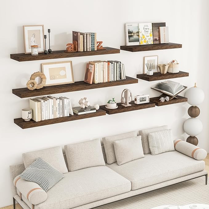 RICHFOCUS 31.5Inch Floating Shelves for Wall 2 Pack Shelves for Bedroom|Kitchen|Bathroom Wall Mounted Rustic Wood Floating Shelf with Invisible Brackets for Books|Storage|Decor, Rustic Brown