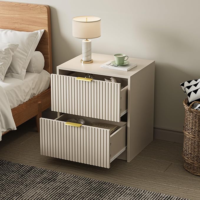 3-Piece Dresser Bedroom Set, 5 Drawer Dresser & 2 Drawer Nightstands with Gold Handles, Fluted Wood Chest of Drawers for Bedroom, Living Room, Entryway, Beige