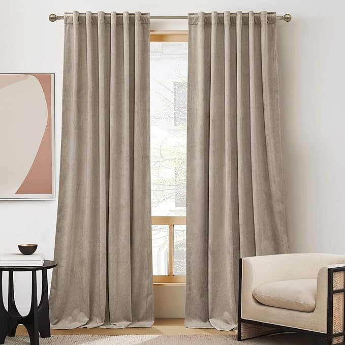 RYB Home Camel Beige Velvet Farmhouse Curtains, Darkening Privacy Shades as Window Treatment Thermal Curtains for Living Room Bedroom Dining Room, W52 x L84 inches, Set of 2