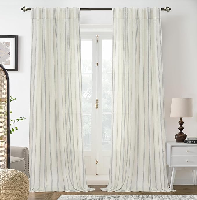 DriftAway Farmhouse Vertical Striped Linen Blend Textured Light Filtering Semi Sheer Curtains for Living Room Bedroom 84 Inches Long Drapes 2 Panels Linen Gray