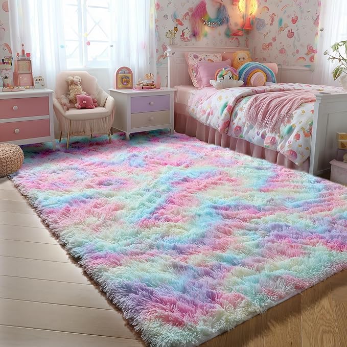PAGISOFE 8x10 Rainbow Large Area Rug,Plush Rugs for Bedroom Girls,Shaggy Carpet for Kids Room,Fuzzy Nursery Rug for Baby's Toddler's Room,Clorful Room Decor for Teenage Pastel Princess Rug