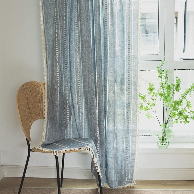 Sutuo Home Blue Boho Curtains for Bedroom Living Room, Semi-Blackout French Country Striped Linen Vintage Shabby Chic Tassels Hollow Window Treatment Bohemian Drape, 1 Panel 52" W x 96" L