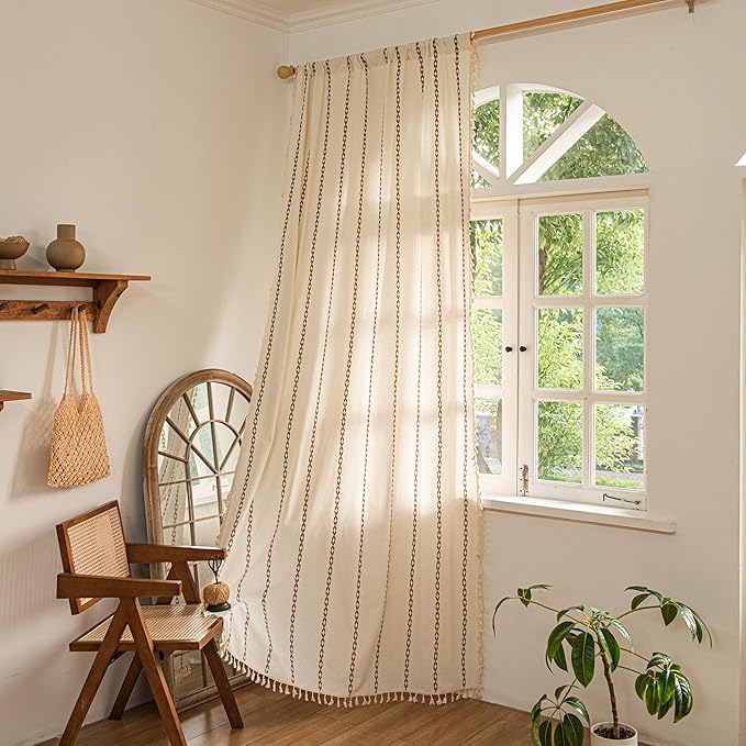 Sutuo Home Boho Curtains 63 Inch Length for Bedroom Nursery Room, Rod Pocket Light Filtering Cotton Embroideried Bohemian Striped Semi Blackout Farmhouse Decor, White and Coffee 1 Panel W52 x L63