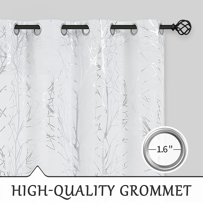 FMFUNCTEX Linen Semi Sheer Curtains for Living Room & Bedroom, Silver Metallic Print White Tree Panel, Light Filtering, 54 Inch Grommet Top 2 Panels