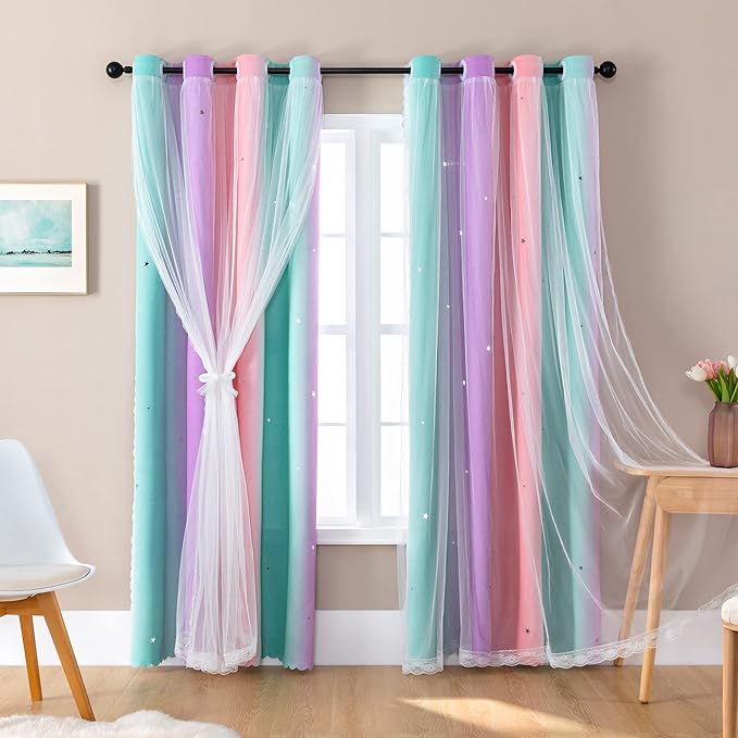 Blackout Curtains for Girls Room, Kids Bedroom 62 Inch Pink Rainbow Unicorn 1 Panels, Blackout Lining Window Wall Decor with Tie Backs
