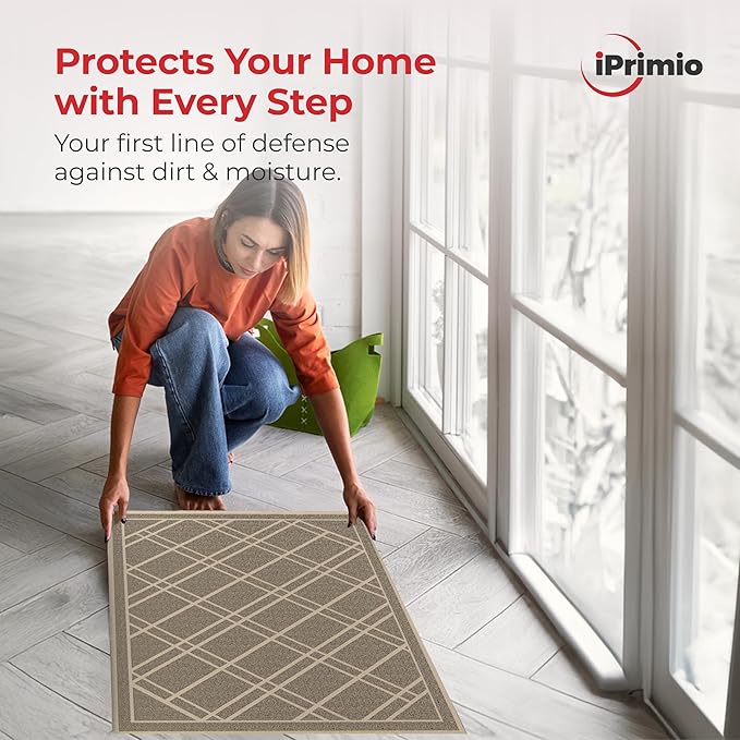 SlipToGrip Durable Door Mat - Taupe Plaid Design Entryway - 42x35 inches, No-Slip and Washable - Indoor and Outdoor Use, Weatherproof - Ideal for Garage, Patio, and Front Entryway