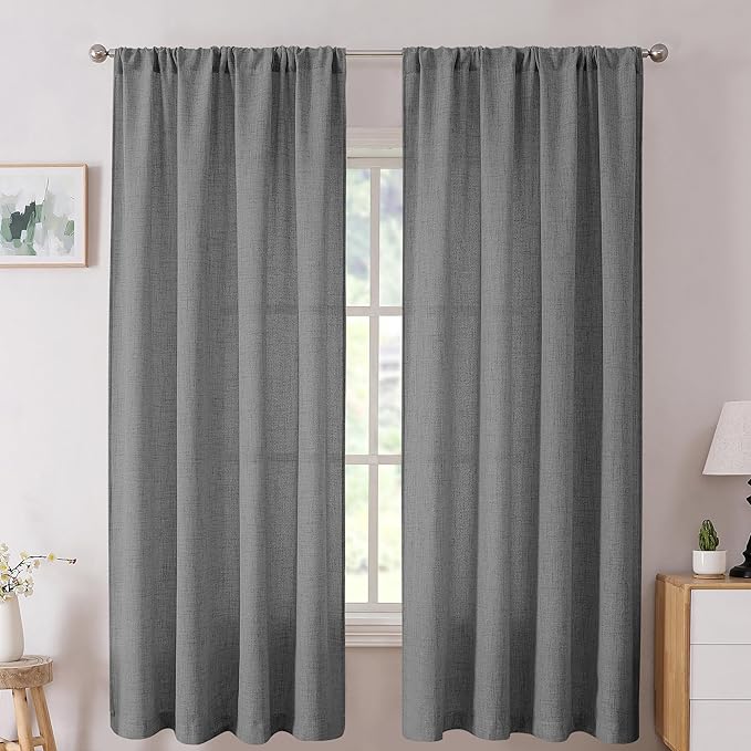 Tollpiz Linen Curtain Bedroom Rod Pocket Semi Sheer Curtains Burlap Light Filtering Thick Linen Drape for Living Room, 54 x 63 inches Long, Dark Grey, Set of 2 Panels