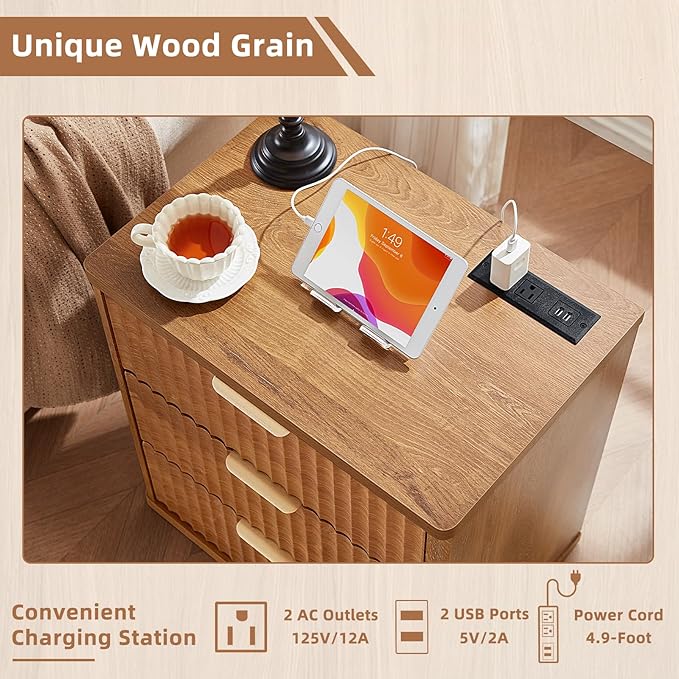 LEYAOYAO Fluted Dressers & Nightstand Set of 3, Wood 48" Wide Dresser & 42" Tall Chest of Drawers,Modern Bedroom Furniture Sets, Brown Wooden Nightstand with 3 Drawers & Charging Station