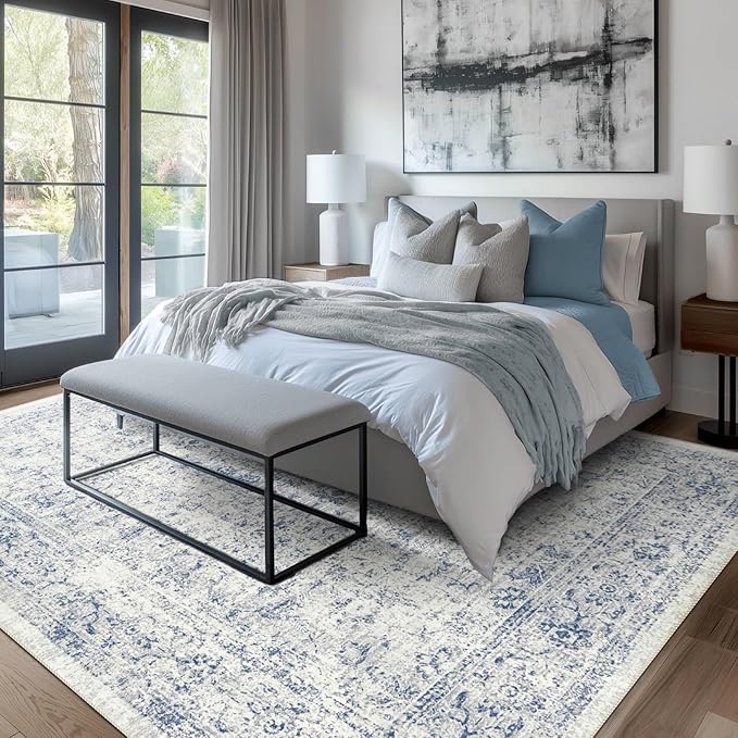 vivorug 5x7 Area Rugs - Ultra-Thin Washable Rug with Non-Slip Backing, Ideal for Living Room, Bedroom, Dining Room Indoor - Vintage, Easy Clean, Durable, Low Pile Rug Blue