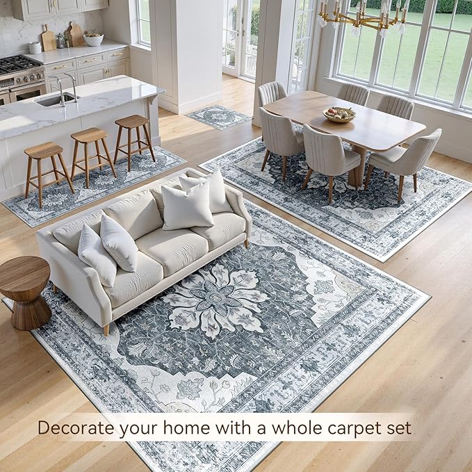 Area Rugs 5'x7' Washable Non-Slip, Floral Vintage Distress Print Pattern Medallion Carpet for Living Room Bedroom Dining Room, Light Gray Grey White