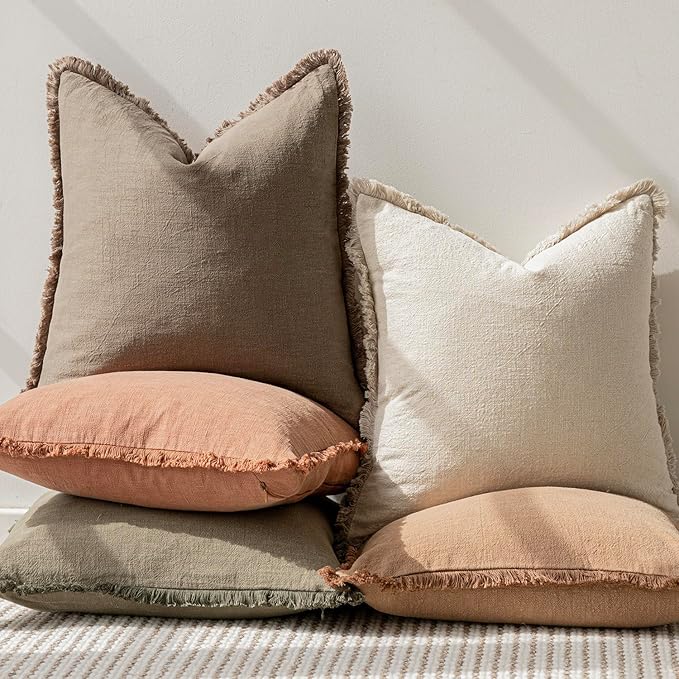 Foindtower Set of 2 Decorative Linen Fringe Throw Pillow Covers Cozy Boho Farmhouse Cushion Cover with Tassels Soft Accent Pillowcase for Couch Sofa Bed Living Room Home Decor, 26×26 Inch, Light Brown
