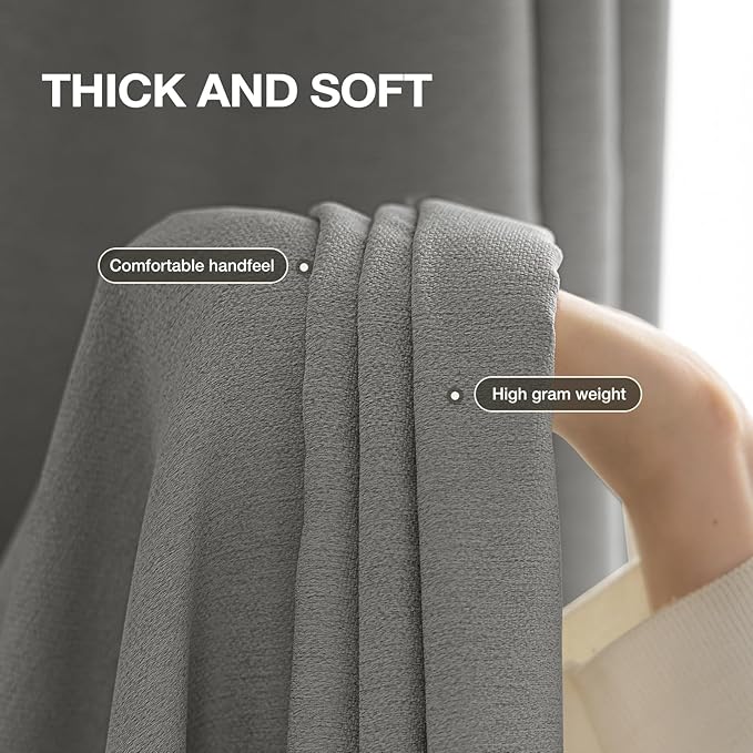 100% Blackout Curtains for Bedroom, Thermal Insulated Curtains 63 Inch Length Curtain 2 Panels, Soft Farmhouse Linen-Look Textured Full Light Blocking Room Darkening Drapes, W52xL63, Grey