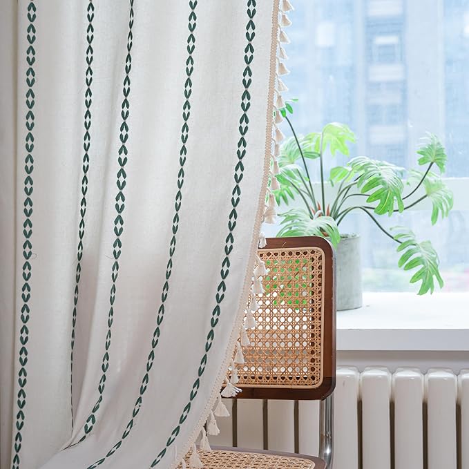 Sutuo Home Boho Curtains for Bedroom Living Room 72 inches Long, Semi Blackout Farmhouse Tassels Window Treatment Bohemian Embroidery Drape, Rod Pocket 1 Panel 52" W x 72" L, White and Emerald Green