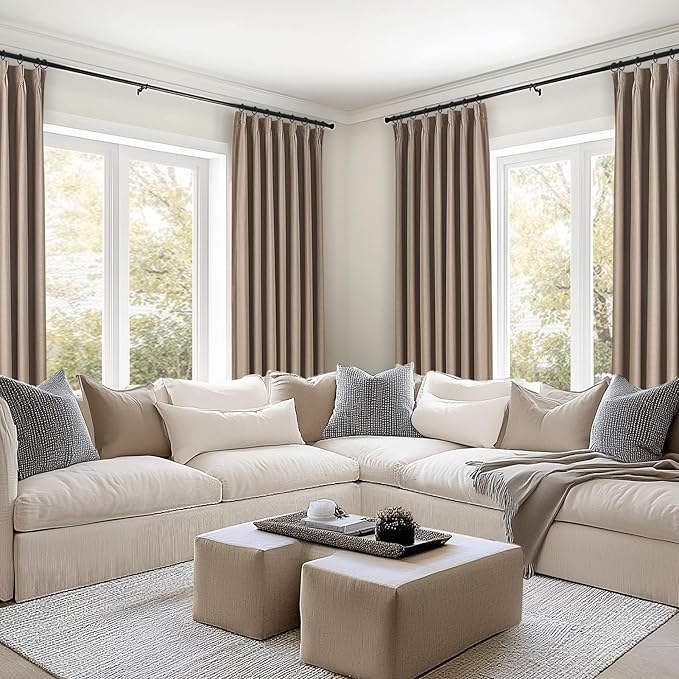 Topfinel Greige 90 Inches Long Blackout Natural Linen Curtains for Bedroom, Chocolate Brown Pinch Pleat Sound Blocking Curtains, Neutral Farmhouse Lined Drapes 2 Panels for Living Room Sliding Door