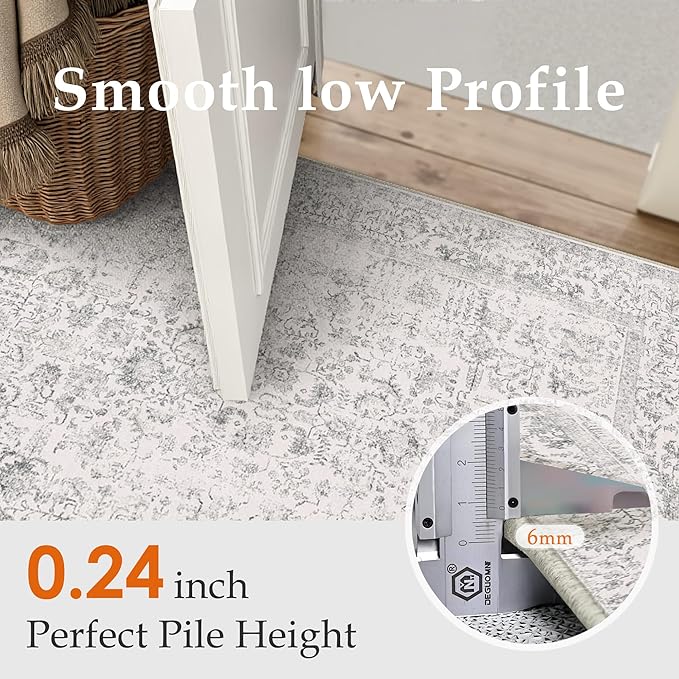 Gray Runner Rug 2x8 Hallway Machine Washable Kitchen Vintage Distressed Non Slip Long Carpet Indoor Grey Retro Floral Bedroom Accent Throw Rug for Bathroom Office Laundry Dining Living Room