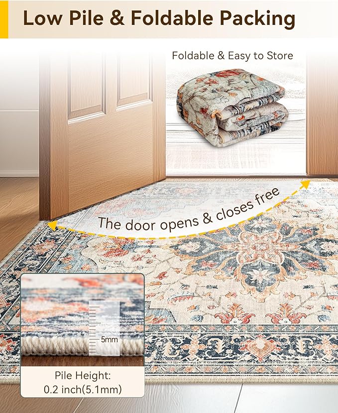 Area Rugs 2'x4' Washable Non-Slip, Floral Vintage Distress Print Pattern Medallion Carpet for Living Room Bedroom Dining Room, Beige Navy Blue Orange Colorful