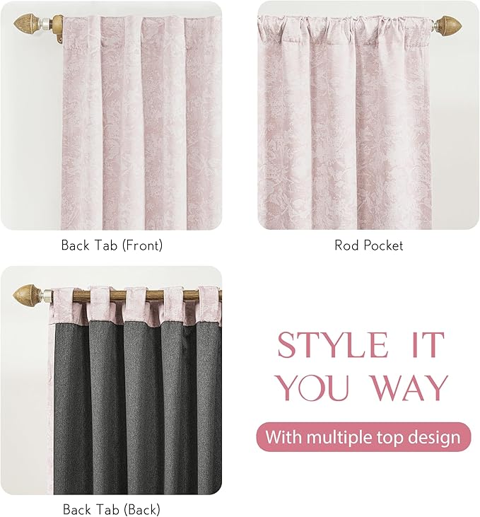 Beauoop Pink Floral Jacquard Blackout Curtains 72 Inches Long 2 Panels for Girls Bedroom Living Room Chenille Flower Room Darkening Thermal Insulated Soundproof Rod Pocket Back Tab Window Drapes 52x72