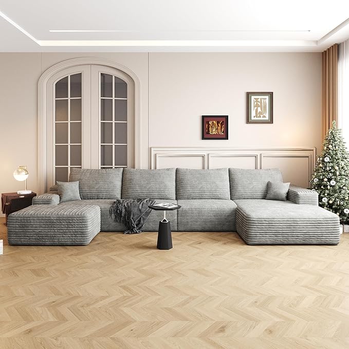 136" Sectional Couches for Living Room Modern Modular Sofa with L-Shape Couchs Upholstered Boneless Couch Deep Seat Sectional Couch with Chaise (Grey, Right Facing Chaise+3Seaters+Ottoman)
