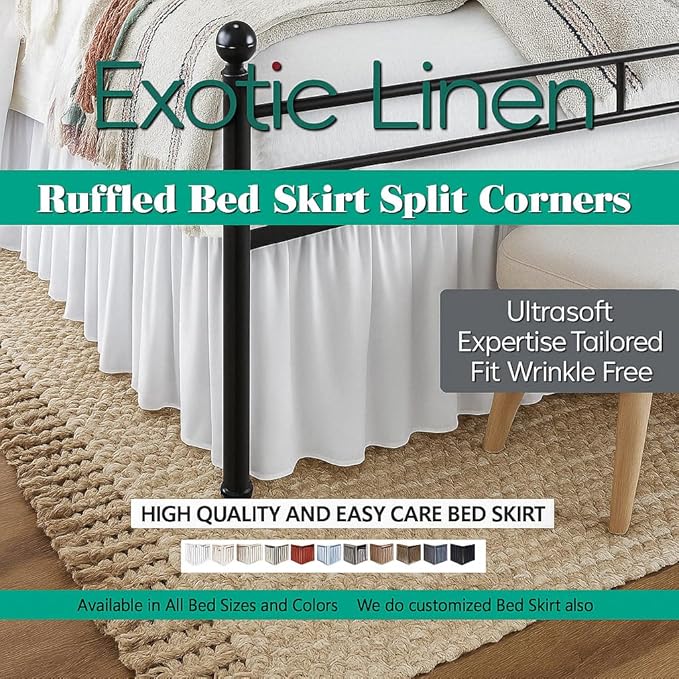 Ruffled Bed Skirt Split Corners with Platform, Tailored Fit Hotel Quality Wrinkle Free Ultra-Soft Microfiber Dust Ruffle, Upto 12 Inch Drop, Twin XL, Ivory