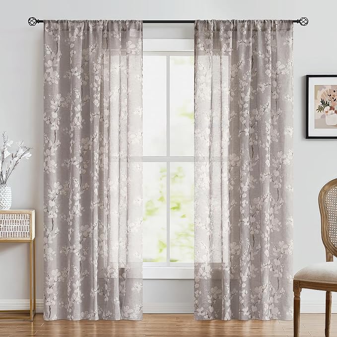 Fmfunctex Linen Sheer Curtains for Bedroom, Tan White Blossom Print Curtains 84 Inches Long for Living Room, Taupe Floral Patterned Farmhouse Curtain Light Filtering Window Drapes 2 Panels, Rod Pocket