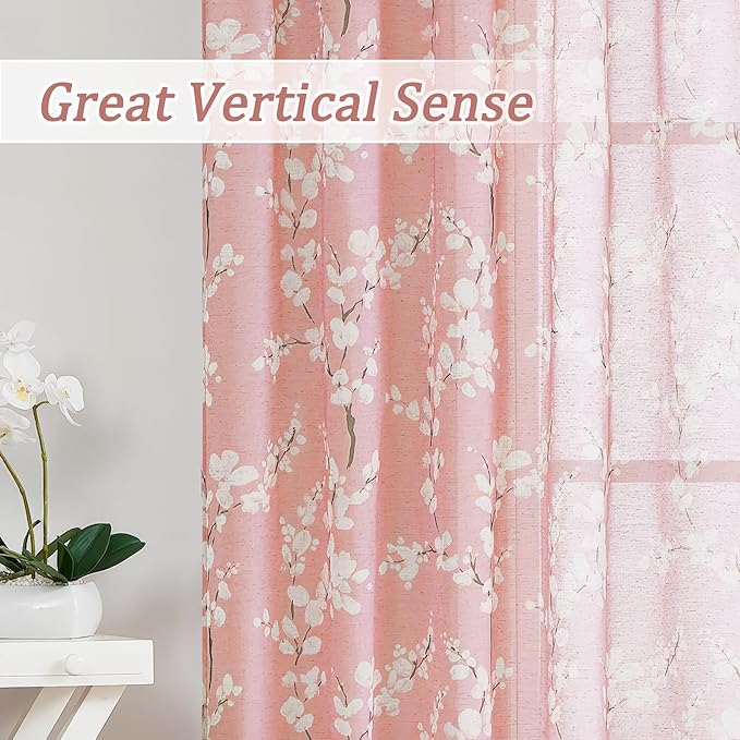 FMFUNCTEX Linen Sheer Curtains for Bedroom, Blush Pink Blossom Patterned 96 Inches Long for Kids Room Girl's Room, Floral Patterned Drapes Light Filtering for Living Room, Rod Pocket 2 Panels