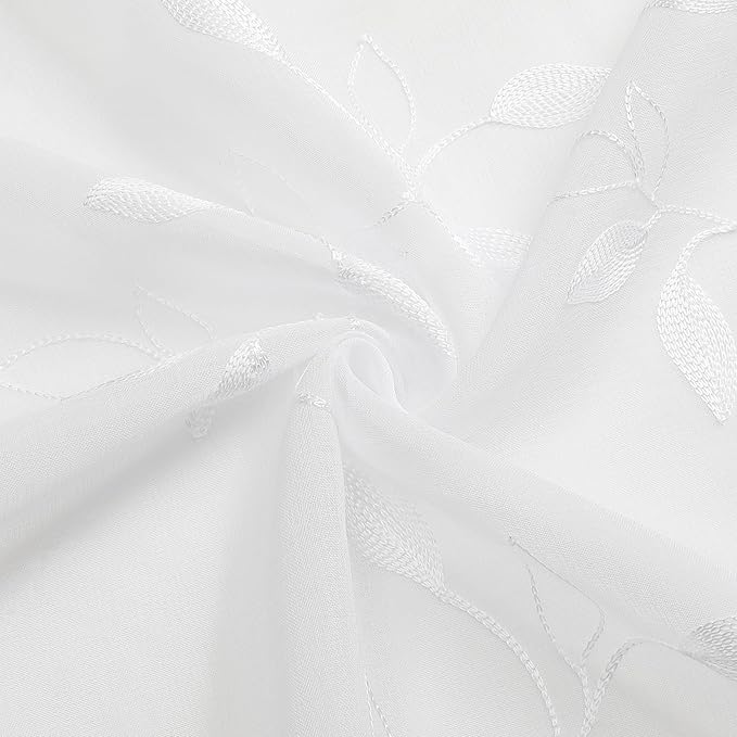 Tollpiz White Leaf Sheer Curtain Leaves Embroidered Bedroom Curtains Rod Pocket Voile Window Treatments for Living Room, 38 x 63 inches Long, Set of 2 Panels