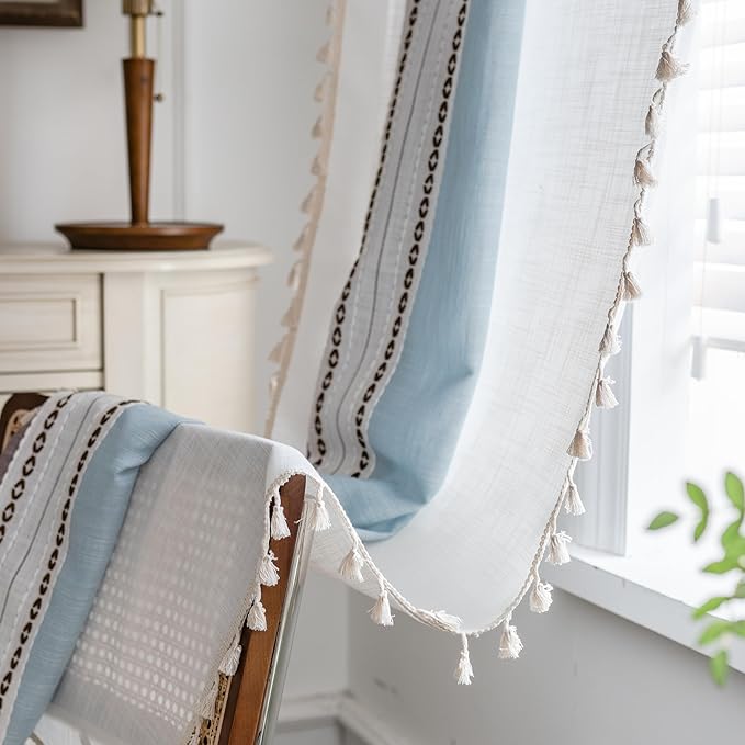 Sutuo Home Boho Curtains 63 inches for Kitchen Bedroom, Semi Blackout Linen Farmhouse Tassels Window Treatment Bohemian Embroidery Drape, Rod Pocket 1 Panel 52" W x 63" L, Brown Blue Striped Linen