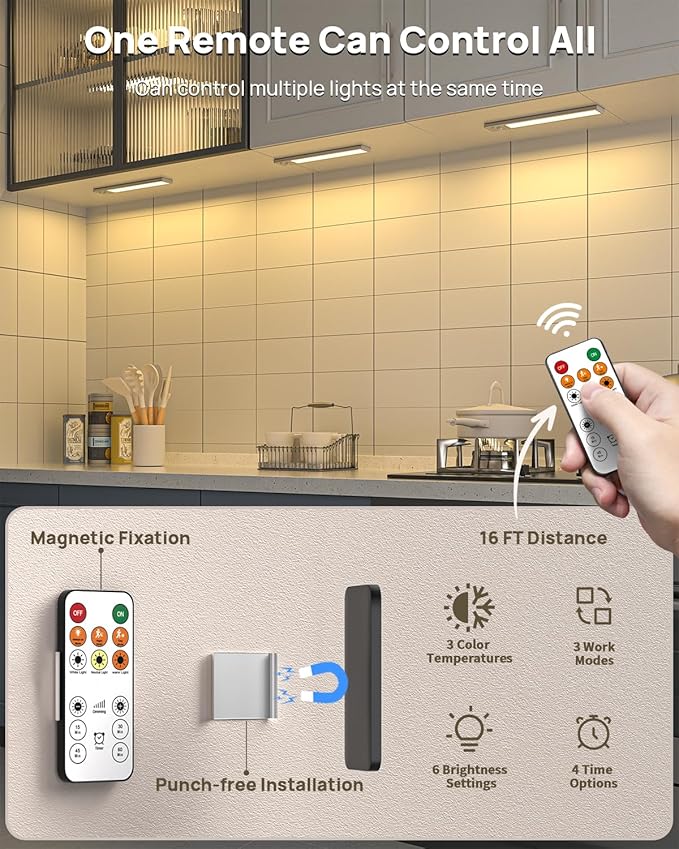 Under Cabinet Lights Wireless,Motion Sensor Light Indoor Closet Lights with Remote Control,3 Color Temps,LED Rechargeable Battery Operated,Under Counter Lights for Kitchen,Wardrobe,Stairs,4 Pack